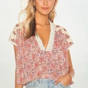 Free People Pink Floral V-Neck Blouse